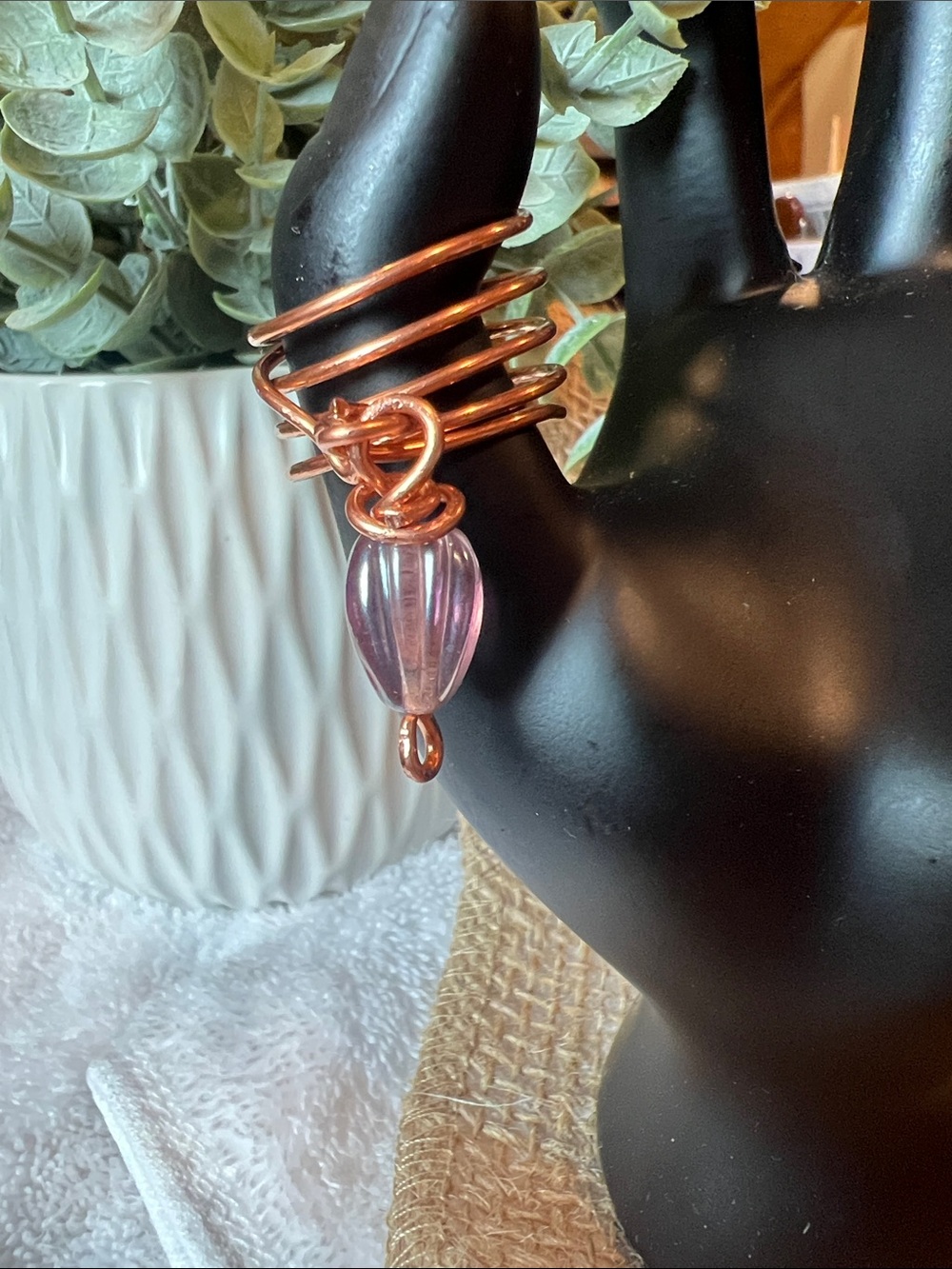 Handcrafted Copper Wire Ring with Purple Glass Teardrop Sz 8.  A forever piece f
